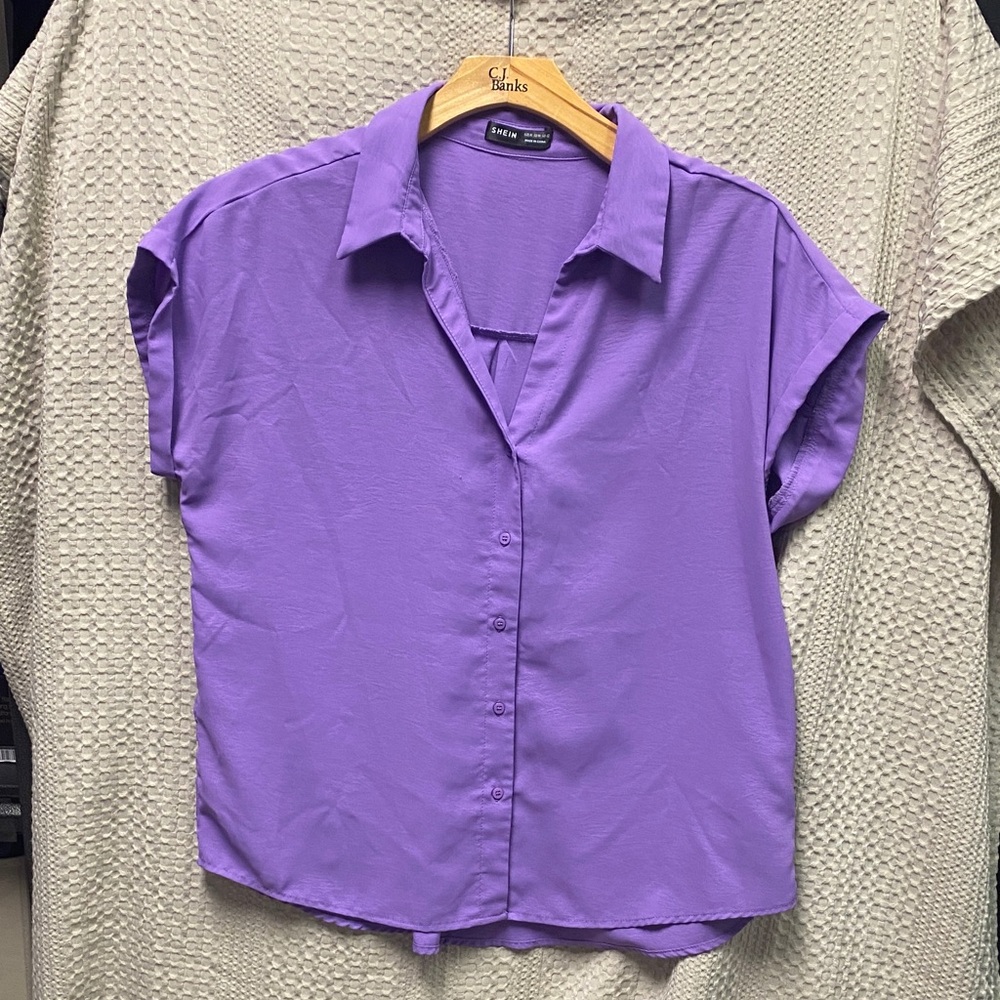 SHEIN Lavender Button-Front Short Sleeve Blouse